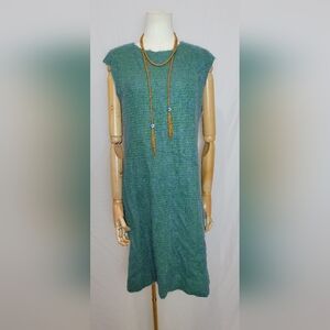 Vintage 1960s Beeline Teal Sleeveless Wool Shift Mini Dress, Size 11/12